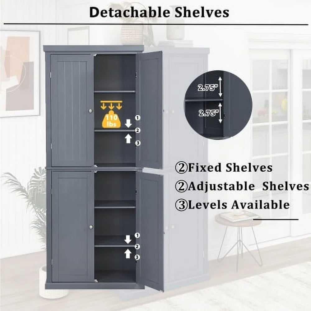 Tall Kitchen Pantry Storage Cabinet with 4 Doors and Adjustable Shelves P90797