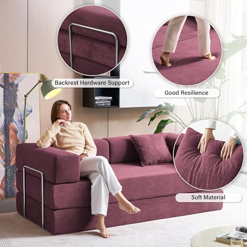 Foldable Sofa Bed, 81'' Folding Floor Couch, Compressed Convertable Sleeper Sofa, Memory Foam Couch with Pillow Back Support Armrest, 4-in-1 Futon Sofa Bed for Living Room, Black L6313