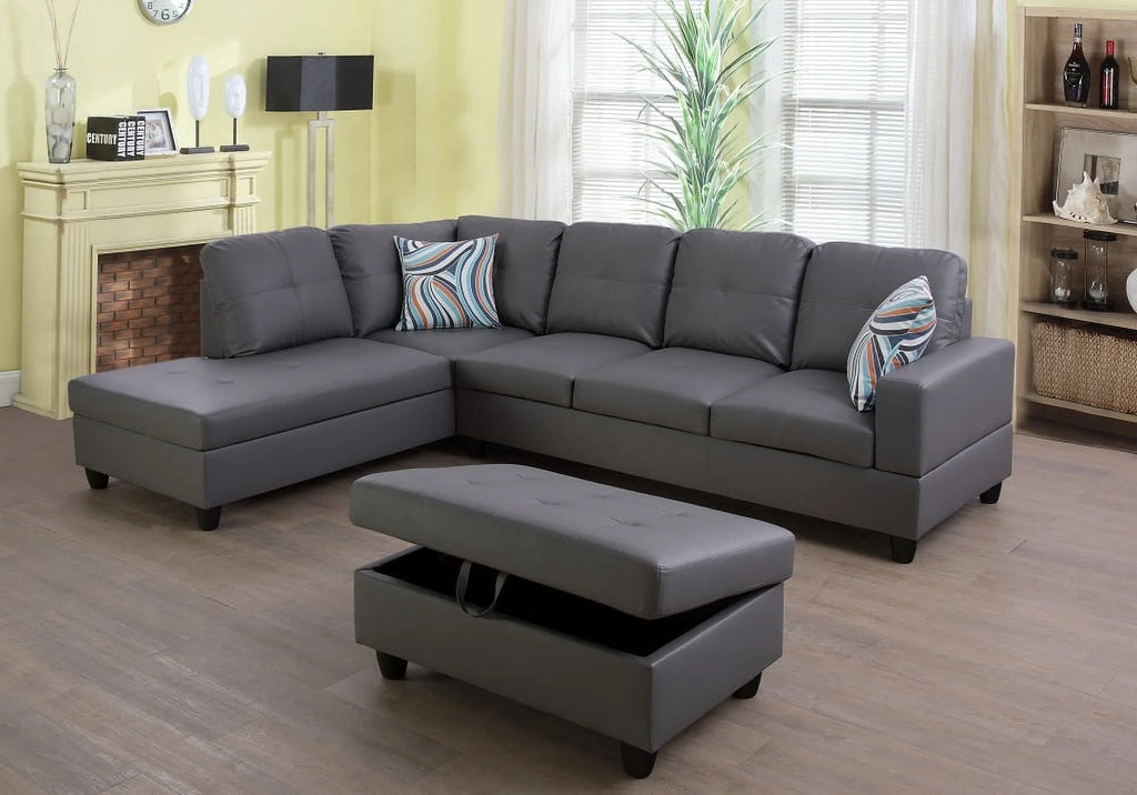 Dark Grey Faux Leather Sectional with Ottoman C396007