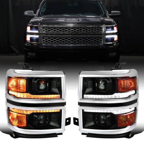 2014-2015 Chevy Silverado 1500 Black Chrome Trim Headlights Assembly Pair V8671