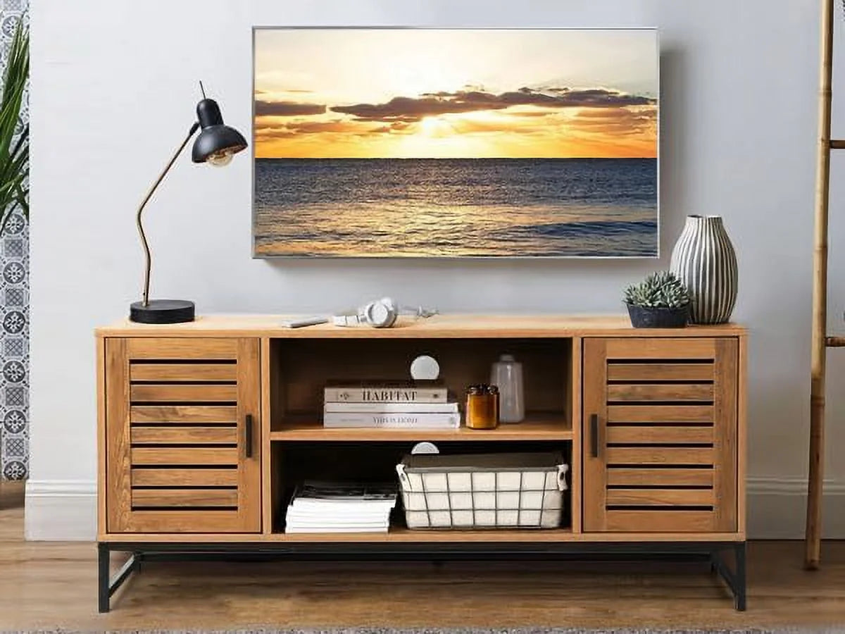Mid-Century TV Console up to 55 Inch with Slatted Wood Doors B948