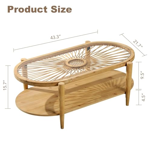 2-Tier Round Rattan Coffee Table with Tempered Glass Top and Wood Legs Y5215