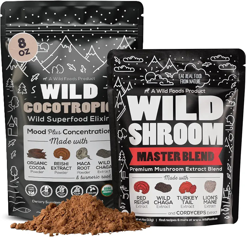 Organic Mushroom Cacao Mix 8oz & Mushroom Blend 4oz Bundle E3599