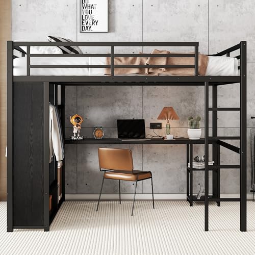 Queen Size Metal Loft Bed with Wardrobe and L-Shaped Desk H5173
