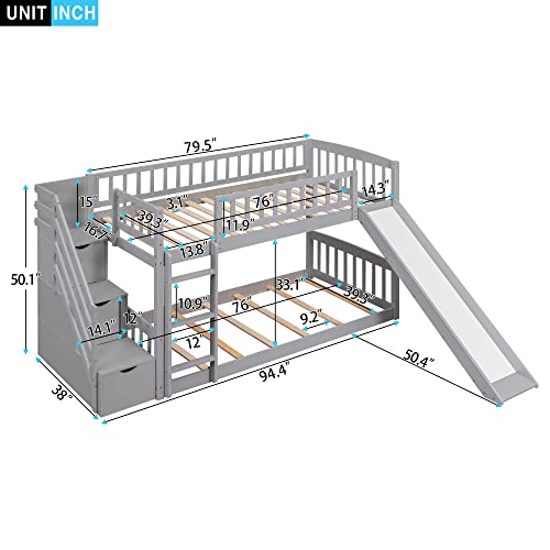 Twin Size Wood Loft Bed with Slide and Storage Shelves C6336