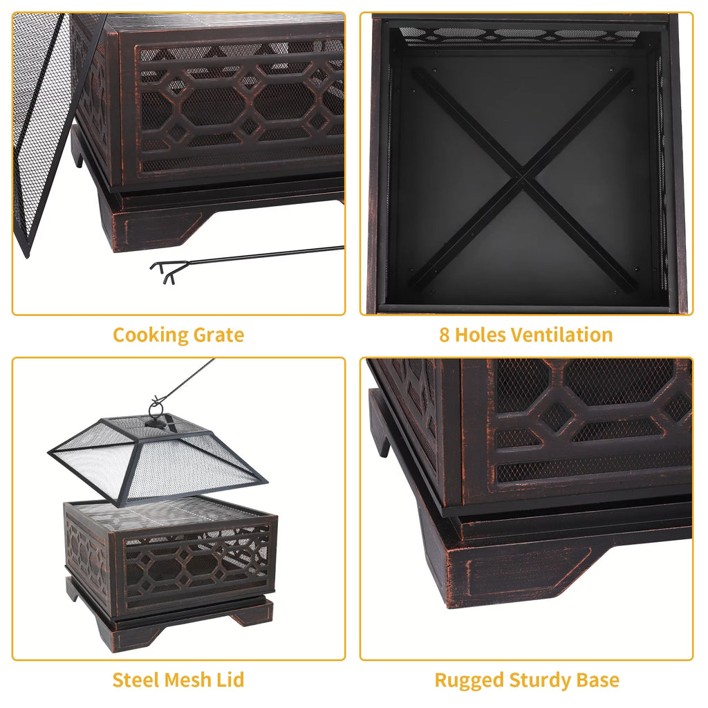 26 Inch Square Wood Burning Fire Pit with Cooking Grate V81473