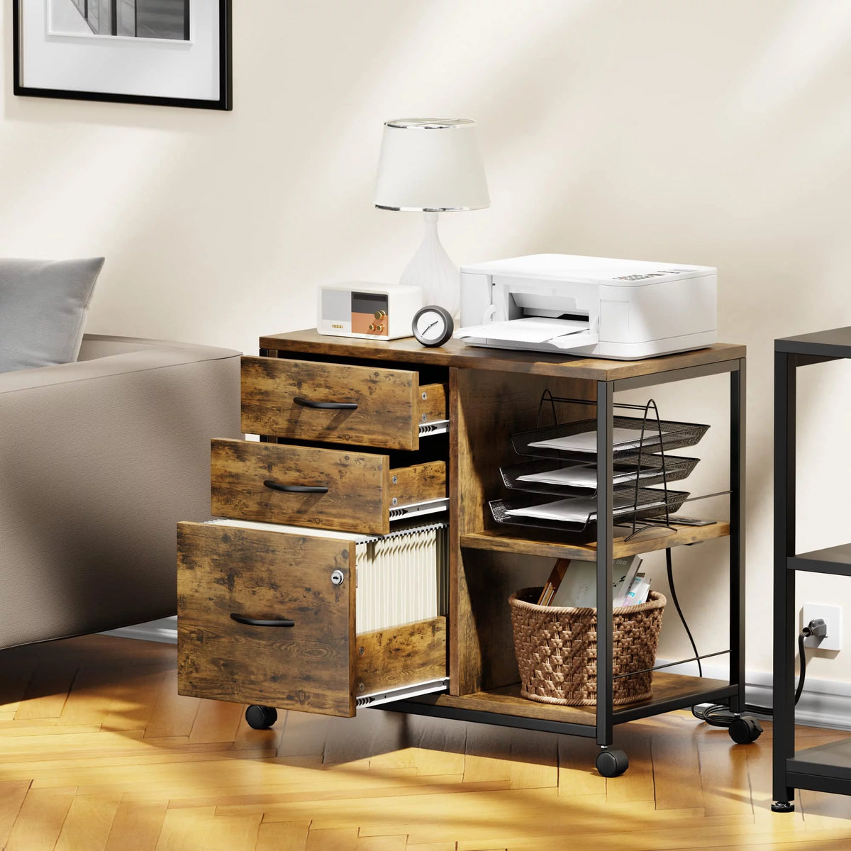 Brown 3 Drawer Wood File Cabinet with USB Charging Ports B742