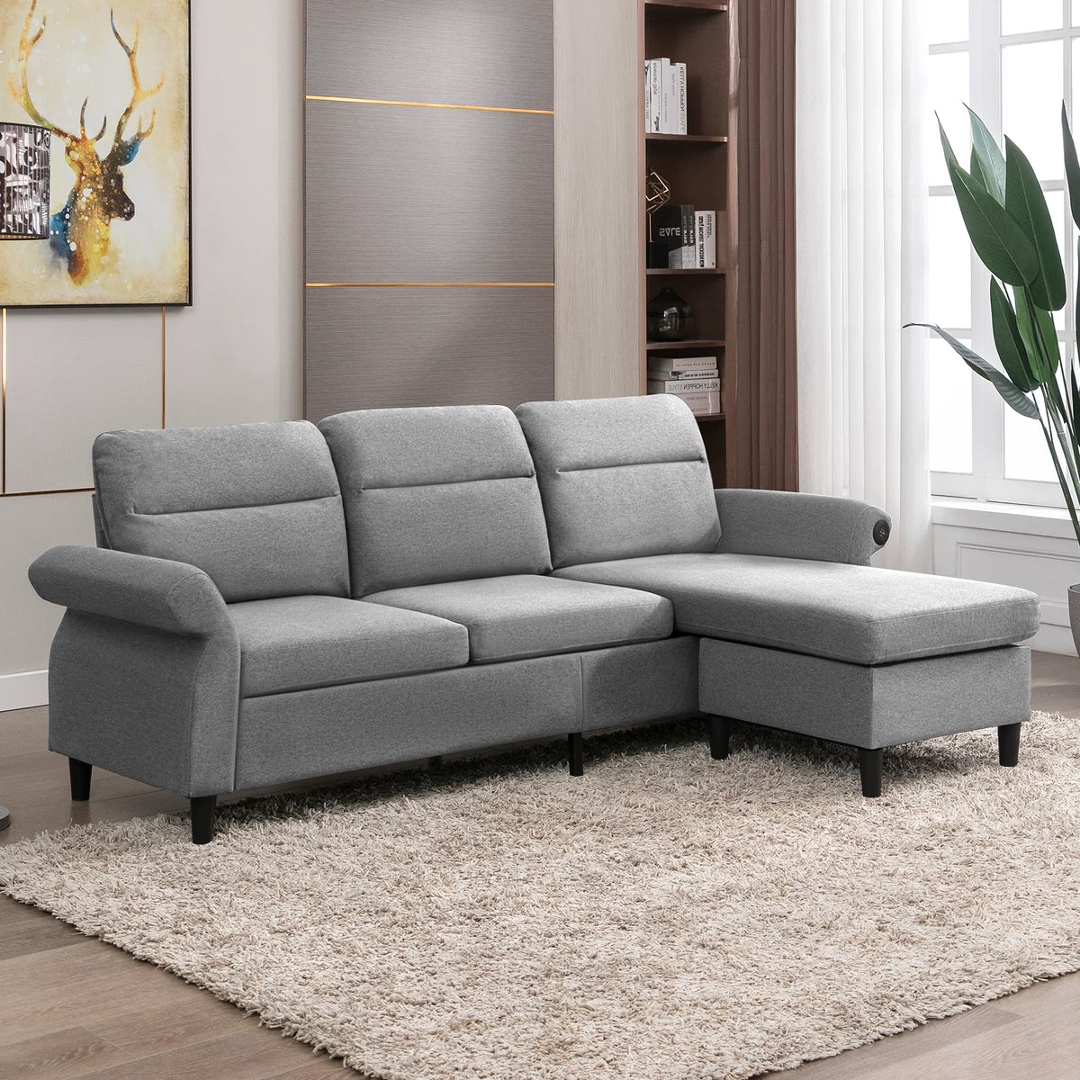 88" Convertible Sectional Sofa Couch with 2 USB Ports, Linen Fabric, Light Grey A96496
