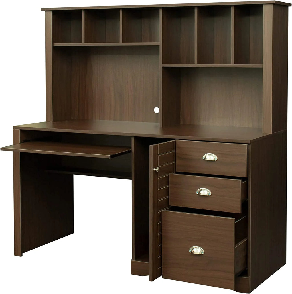 Walnut Computer Desk with Cabinet and Keyboard Tray Y273