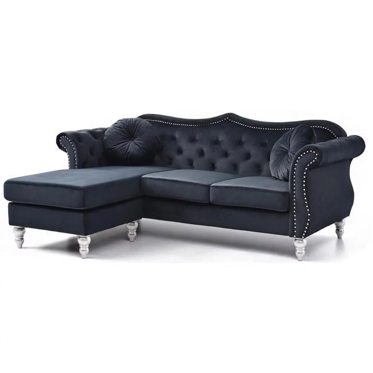 Black Velvet Chesterfield Sectional Sofa with 2-Throw Pillow P22634