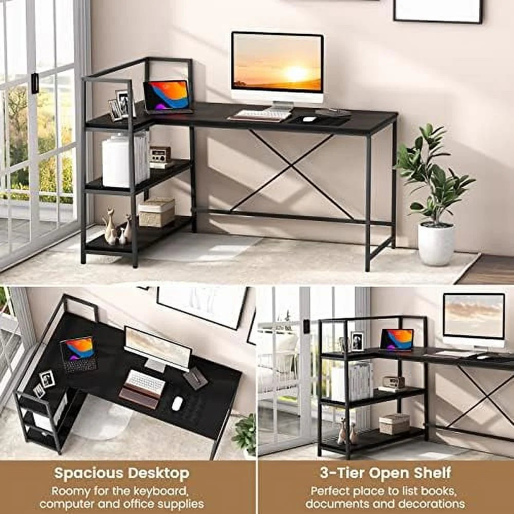 Reversible L-Shaped Corner Desk with 3-Tier Shelves I611602