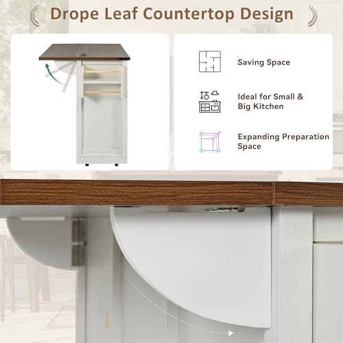 Retro White Kitchen Island on Wheels with Drop Leaf P782722