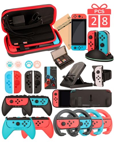 Switch Accessories Carry Case Screen Protector 4 Pack Joy Con Grips and Steering Wheels E59803