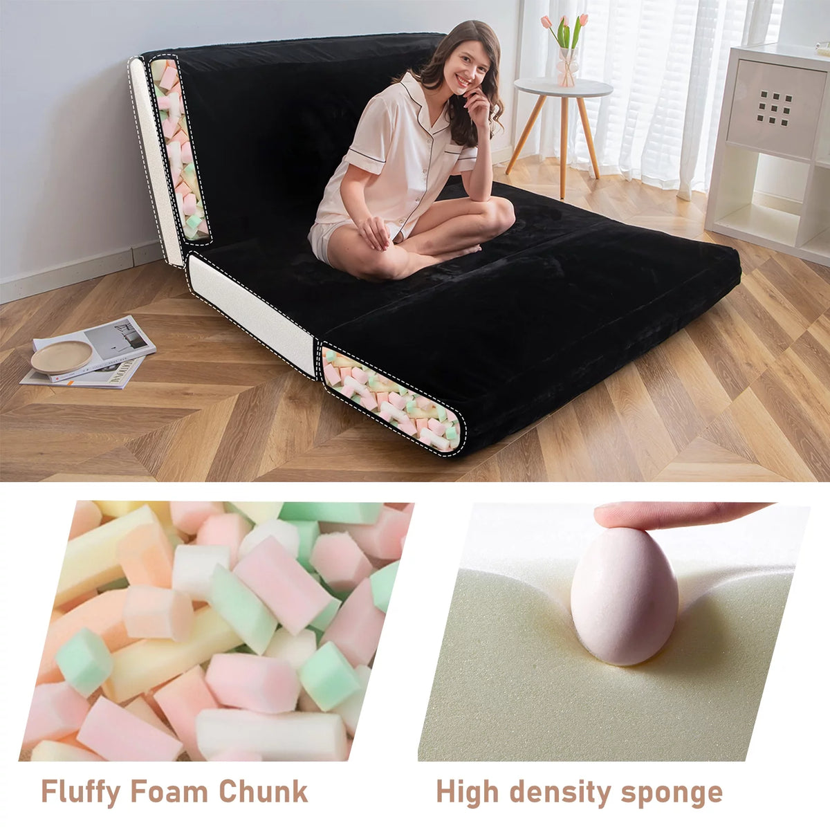 Black 30x95 Inch Convertible Bean Bag Sofa Bed X43022