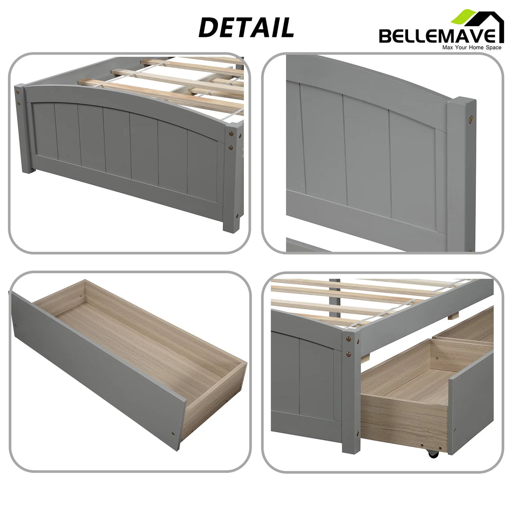 Twin Size Platform Bed Frame with Storage Drawer and Headboard G399