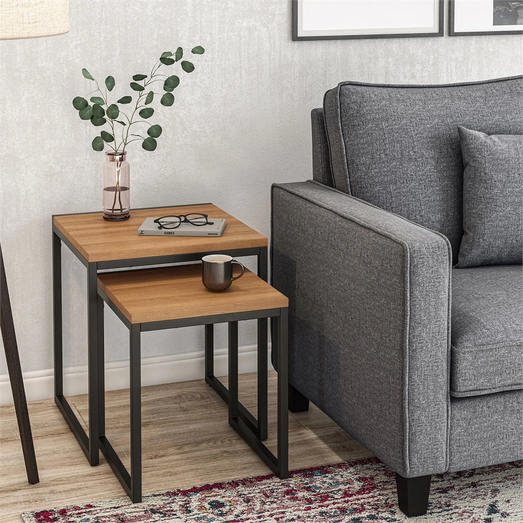 Brown Wood Grain Black Metal Nesting Side Tables U8095