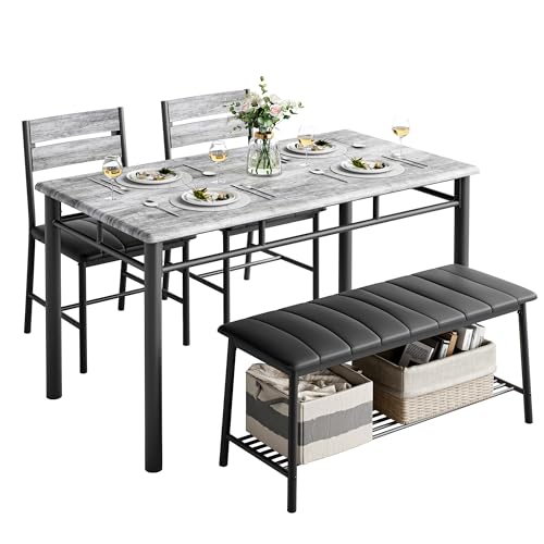 Gray Dining Table Set for 4 with Upholstered Bench and 2 Chairs G417