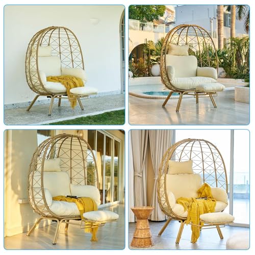 Oversized Beige Wicker Egg Chair with Cushion & Footrest N8200