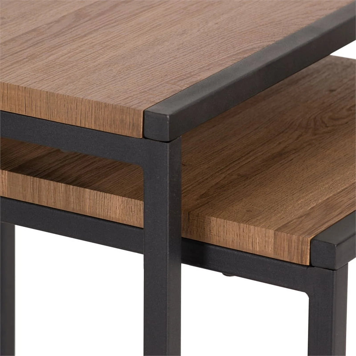 Brown Wood Grain Black Metal Nesting Side Tables U8095