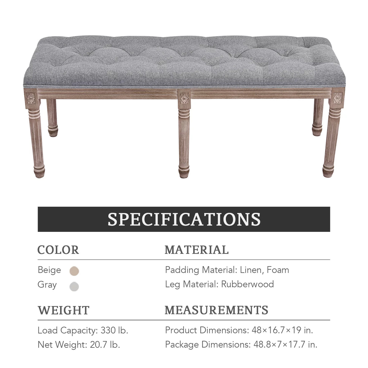 Gray Linen Upholstered Ottoman Bench W6510