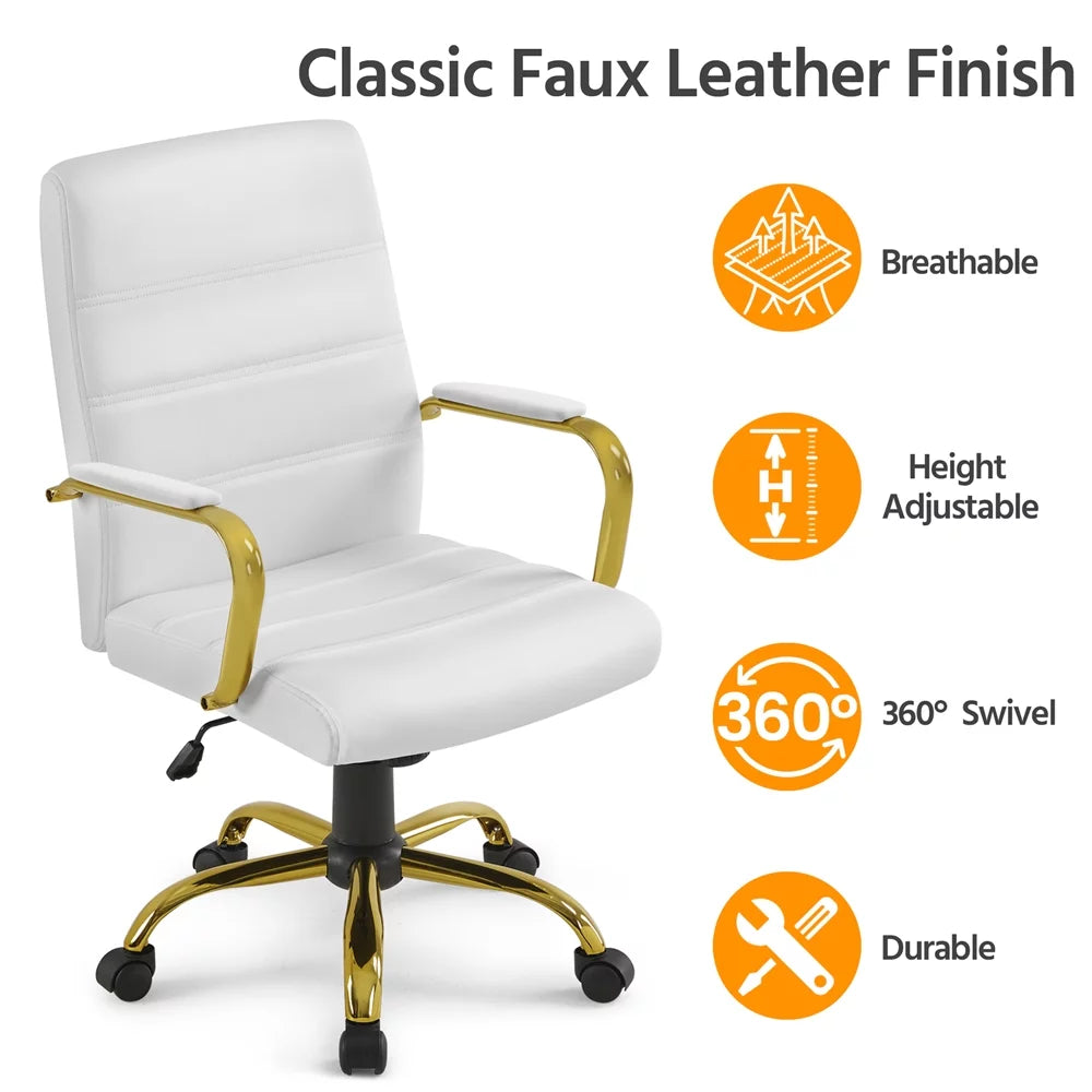 White Mid-Back Swivel PU Leather Office Chair with Gold Frame X20811