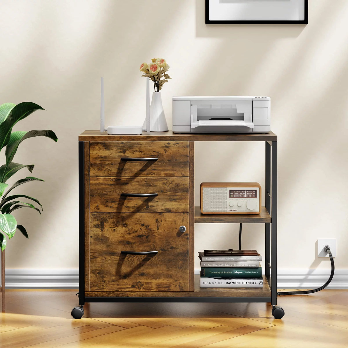 Brown 3 Drawer Wood File Cabinet with USB Charging Ports B742