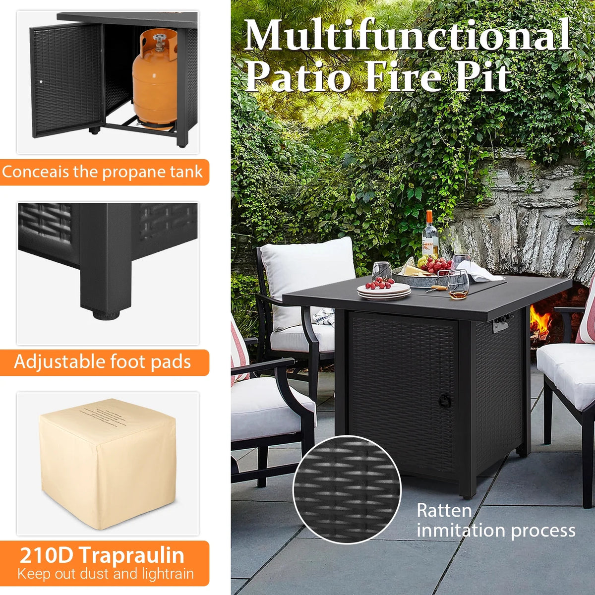28" Propane Fire Pit Table with Lava Rocks and Cover W884685