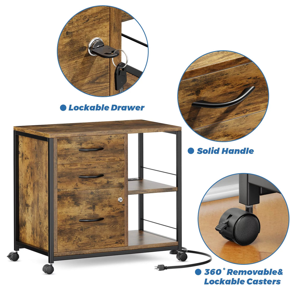 Brown 3 Drawer Wood File Cabinet with USB Charging Ports B742