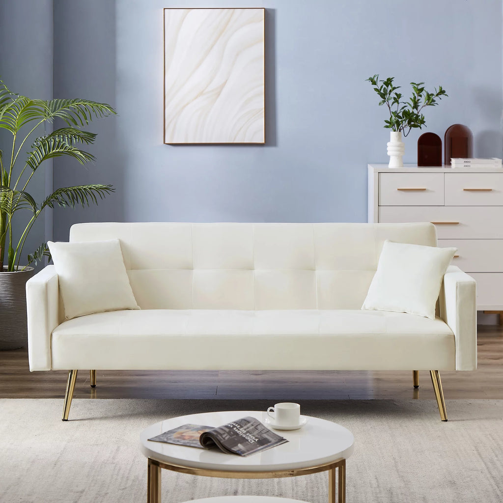 Cream White Velvet Convertible Futon Sofa Bed I3642
