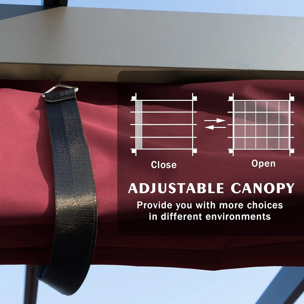 Extra-Large Gray Aluminum Frame Pergola with Sunshade Canopy 10' x 13' Burgundy J74822