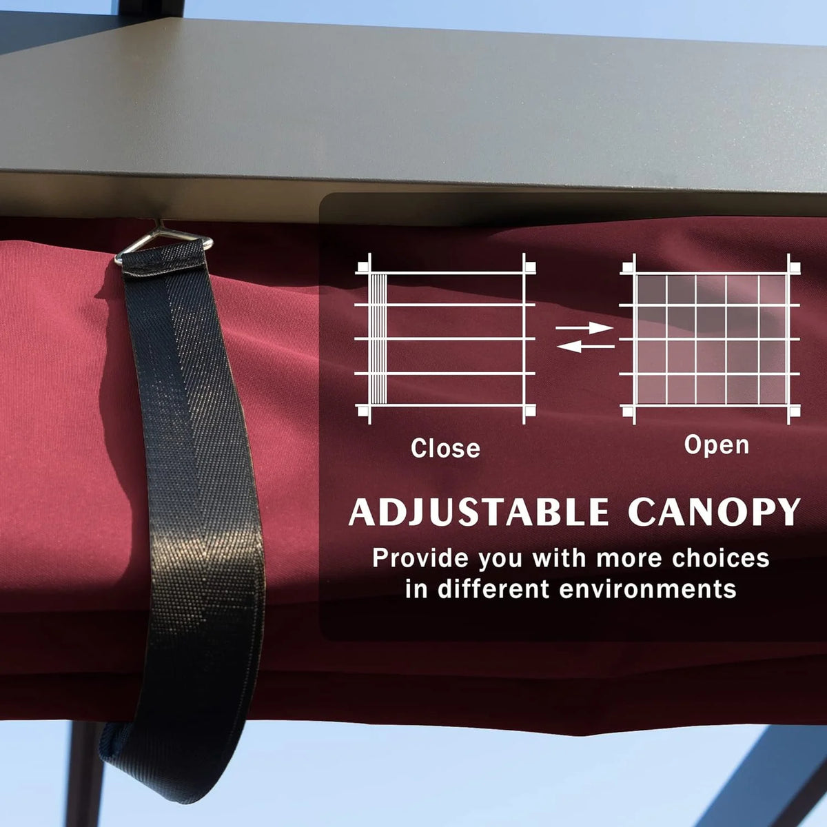 Extra-Large Gray Aluminum Frame Pergola with Sunshade Canopy 10' x 13' Burgundy J74822