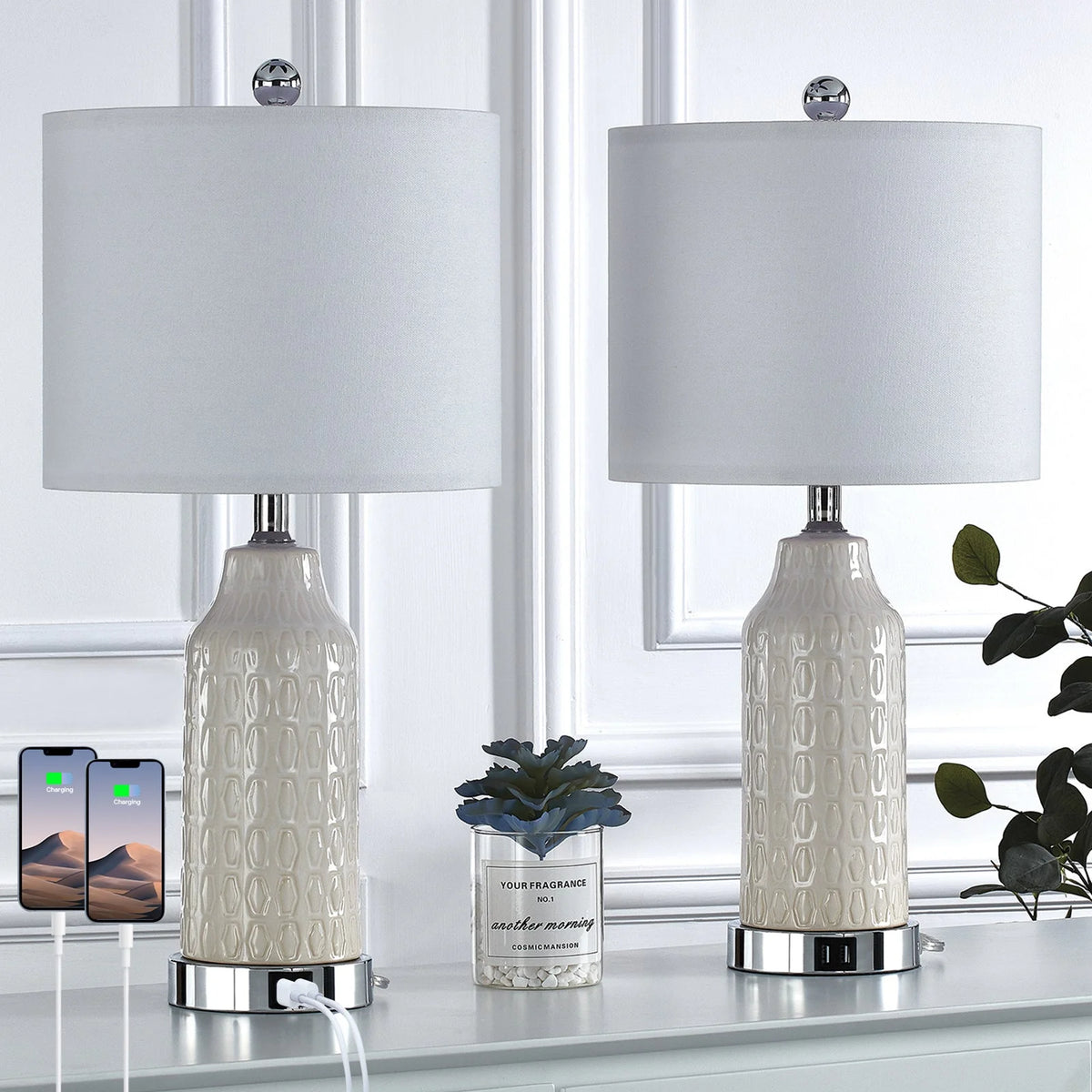 22.5" Ceramic Table Lamp Set of 2 with USB Ports Y73373