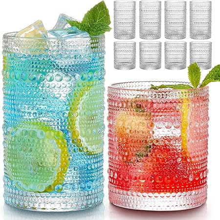 Vintage Hobnail Drinking Glasses Set of 8, 12 oz Highball & 10 oz Cocktail Glasses J725611