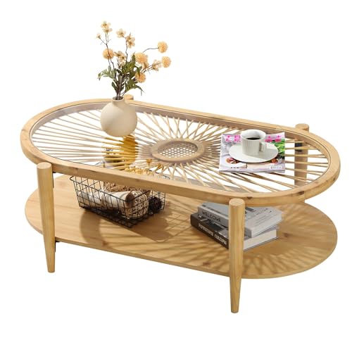 2-Tier Round Rattan Coffee Table with Tempered Glass Top and Wood Legs Y5215