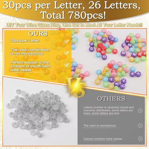 60 Sets DIY Wine Glass Charms with Letter Beads Gold Beads Charm Rings Tweezers Y51192