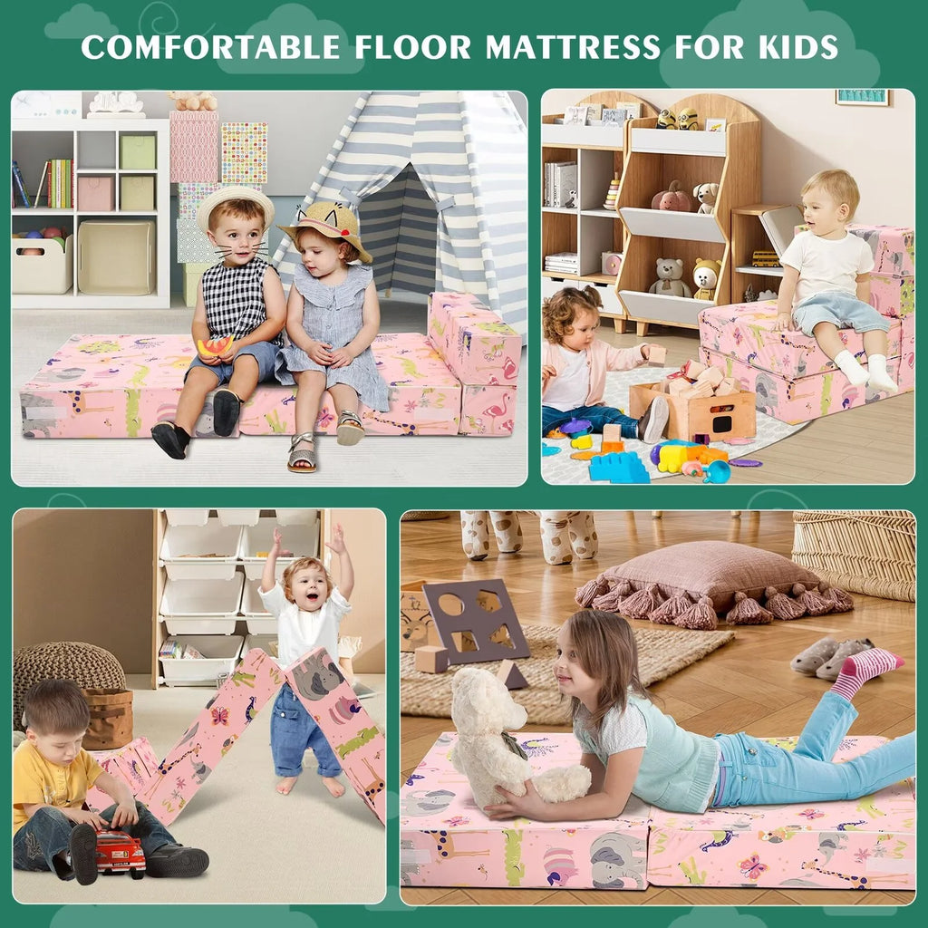 Pink 2-in-1 Kids Convertible Sofa Lounger Plush Fabric B4083