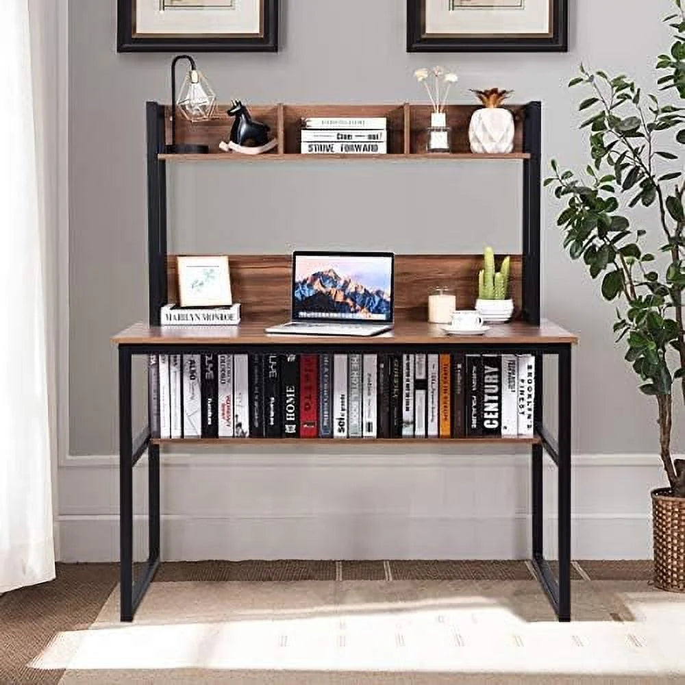 Light Walnut Computer Desk with Hutch and Bookshelves C797