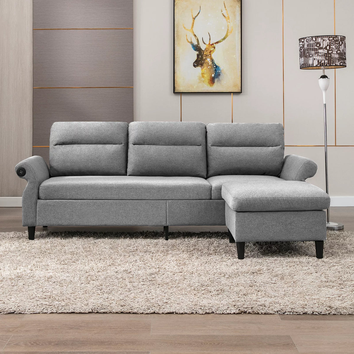 88" Convertible Sectional Sofa Couch with 2 USB Ports, Linen Fabric, Light Grey A96496