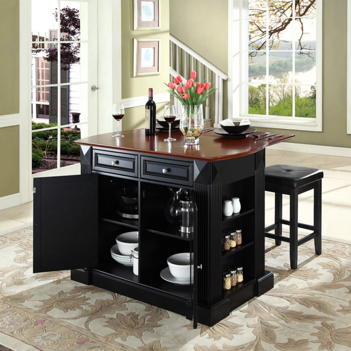 Drop Leaf Kitchen Island with Upholstered Square Seat Stools Y62615