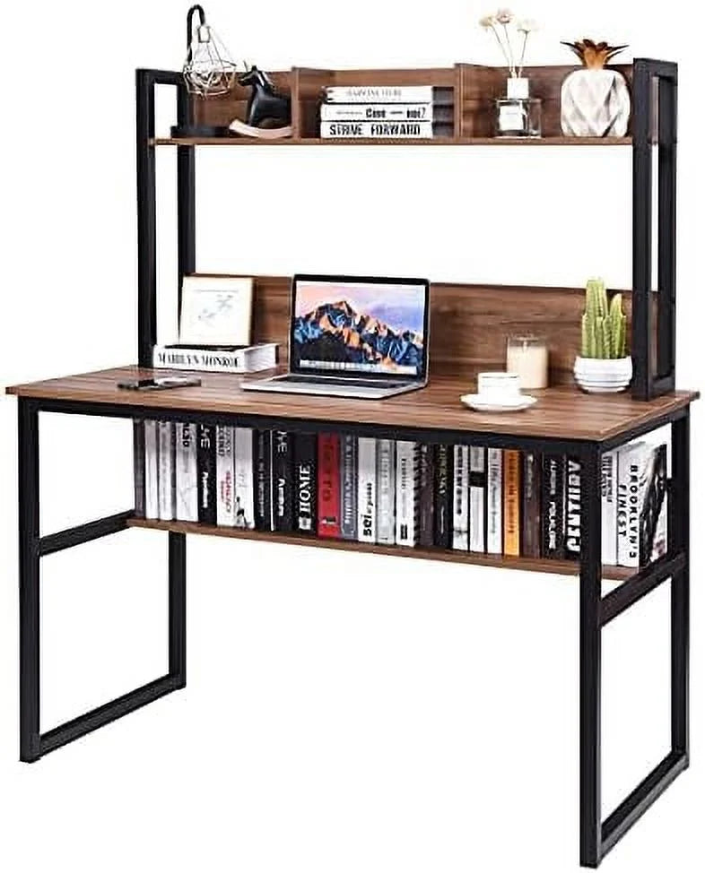 Light Walnut Computer Desk with Hutch and Bookshelves C797