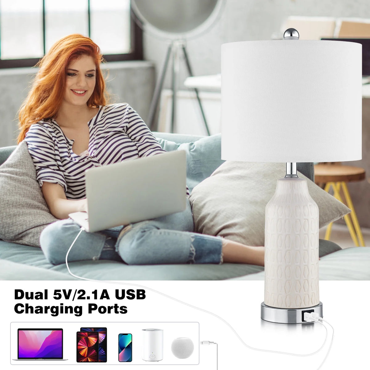 22.5" Ceramic Table Lamp Set of 2 with USB Ports Y73373