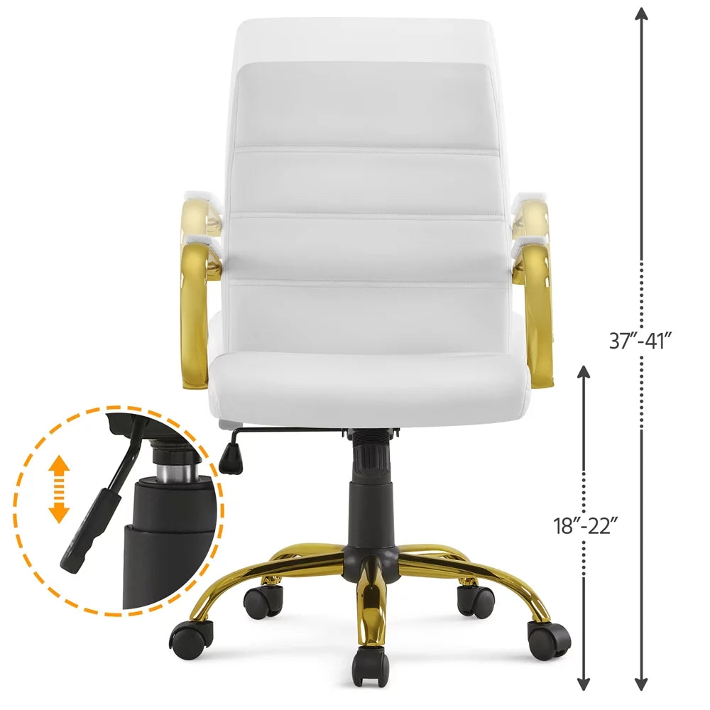 White Mid-Back Swivel PU Leather Office Chair with Gold Frame X20811
