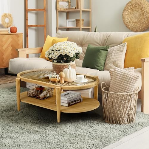 2-Tier Round Rattan Coffee Table with Tempered Glass Top and Wood Legs Y5215