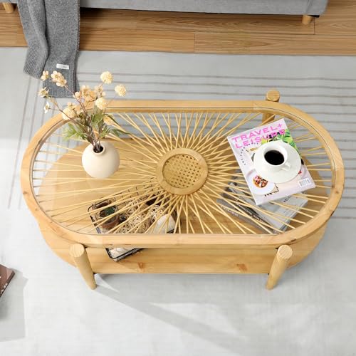 2-Tier Round Rattan Coffee Table with Tempered Glass Top and Wood Legs Y5215