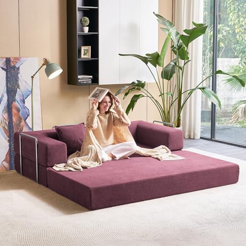 Foldable Sofa Bed, 81'' Folding Floor Couch, Compressed Convertable Sleeper Sofa, Memory Foam Couch with Pillow Back Support Armrest, 4-in-1 Futon Sofa Bed for Living Room, Black L6313