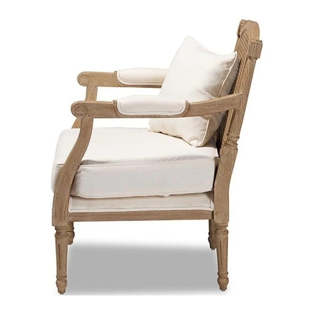 Ivory Fabric Upholstered Whitewashed Wood Armchair A378