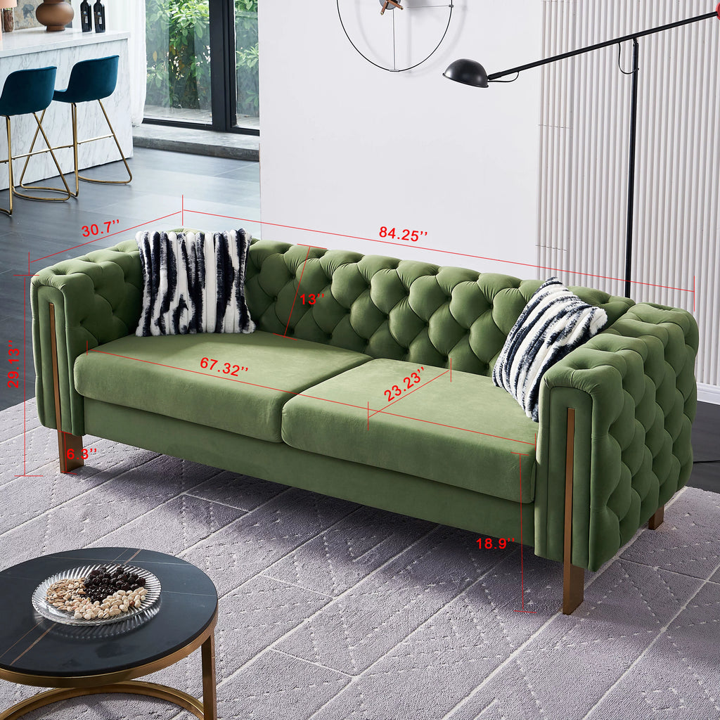 Green Tufted Velvet Sofa with 2 Pillows, 84 inches W832338