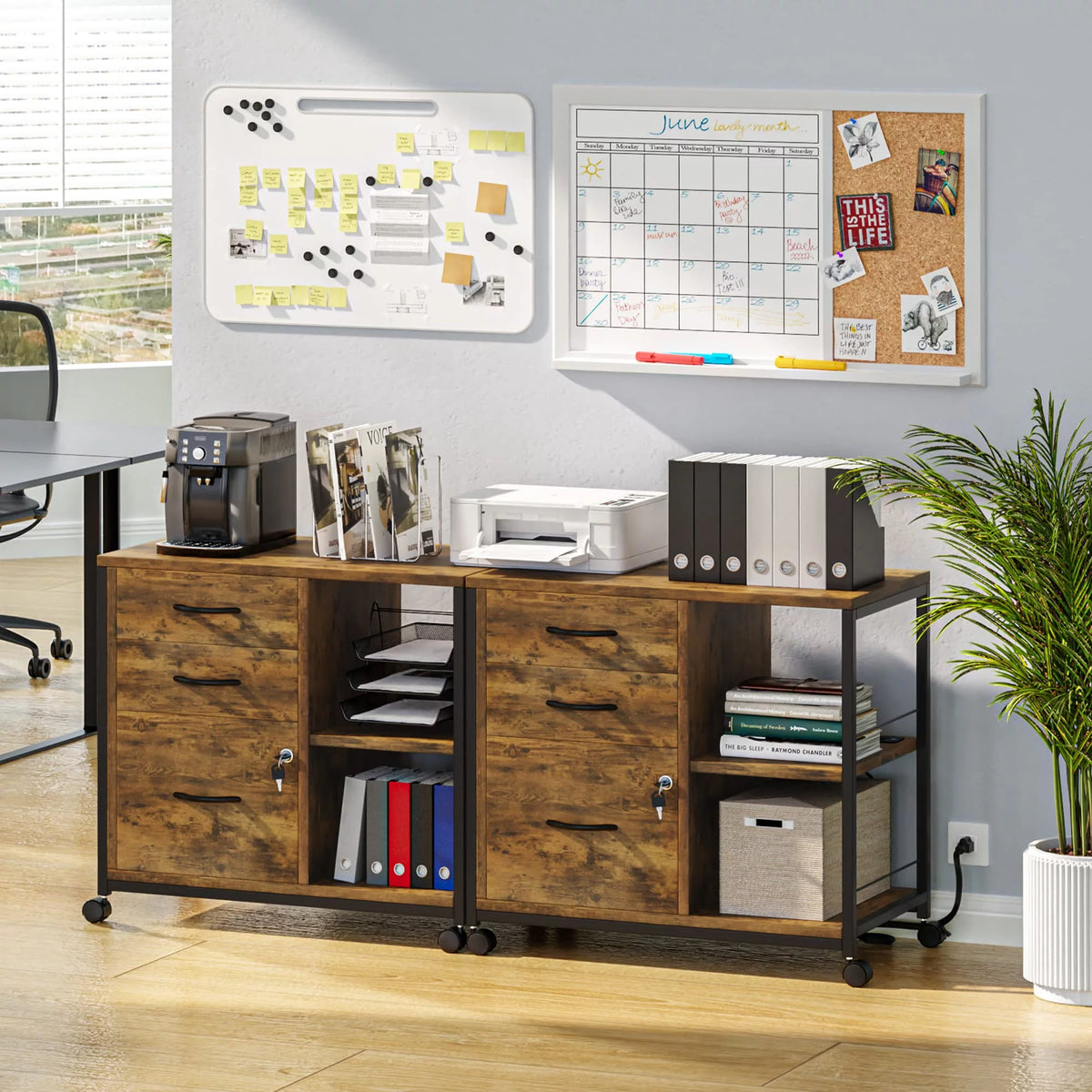 Brown 3 Drawer Wood File Cabinet with USB Charging Ports B742