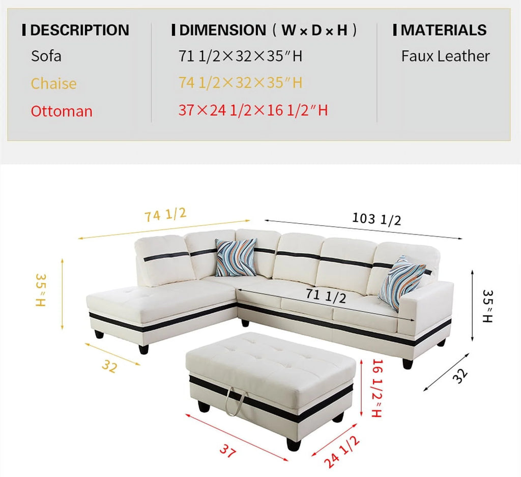 White & Black Faux Leather Sectional with Ottoman W758
