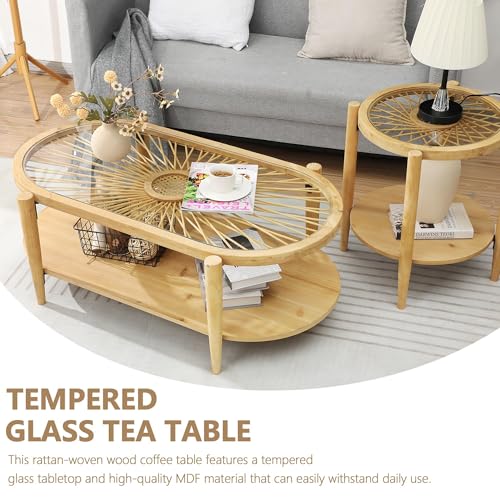 2-Tier Round Rattan Coffee Table with Tempered Glass Top and Wood Legs Y5215
